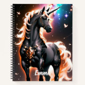 Zwart Eenhoorn Met Gouden Mane Custom Name Script Notitieboek (Voorkant)