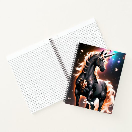 Zwart Eenhoorn Met Gouden Mane Custom Name Script Notitieboek (Binnen)