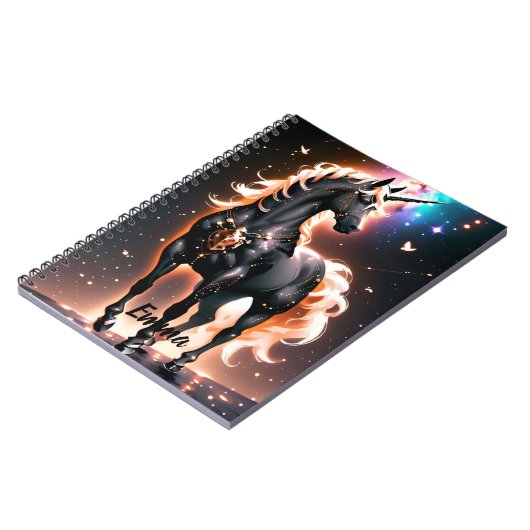 Zwart Eenhoorn Met Gouden Mane Custom Name Script Notitieboek (Linkerzijde)
