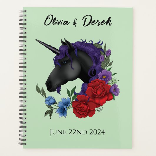 Zwart Eenhoorn Paarse Rood Salie Bloemen Bruiloft Planner (Voorkant)