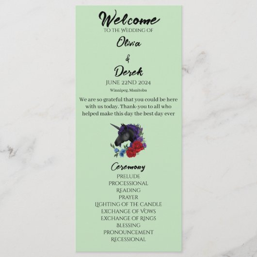 Zwart Eenhoorn Paarse Rood Salie Bloemen Bruiloft Programmakaart (Voorkant)