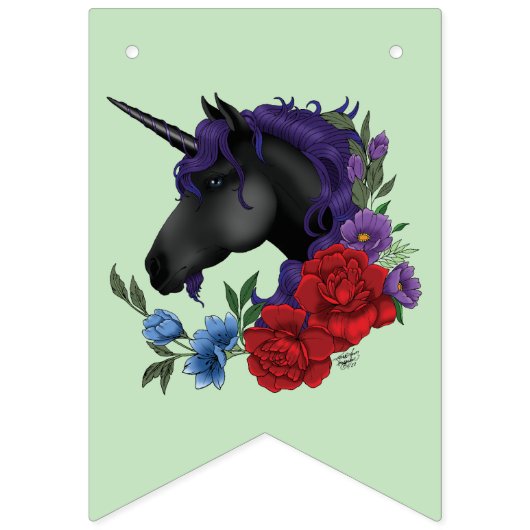 Zwart Eenhoorn Paarse Rood Salie Bloemen Bruiloft Vlaggetjes (Eerste vlag)