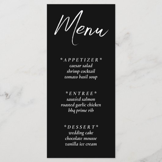 Zwart Eenvoudig Elegant Bruiloft Receptie Menu (Voorkant)