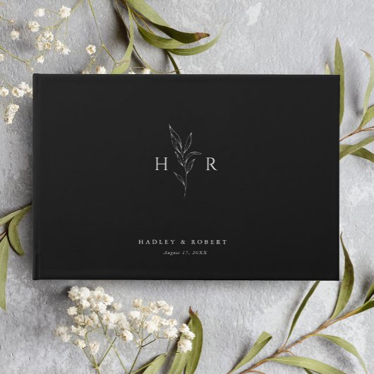 Zwart Eenvoudig Minimal Monogram Botanische Huweli Gastenboek