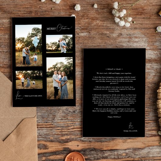 Zwart Eenvoudig Modern Kerstmis Vier Fotocollage Feestdagenkaart