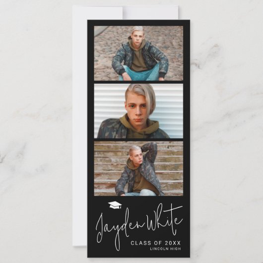 Zwart Eenvoudig Modern Script 3 Foto Afstuderen Kaart (Voorkant)
