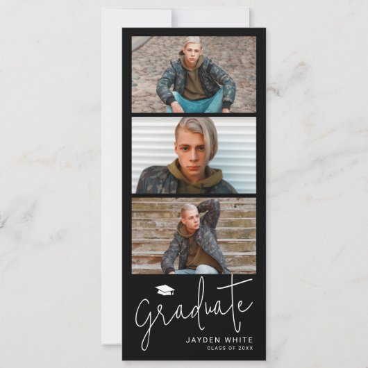 Zwart Eenvoudig Modern Script 3 Foto Afstuderen Kaart (Voorkant)