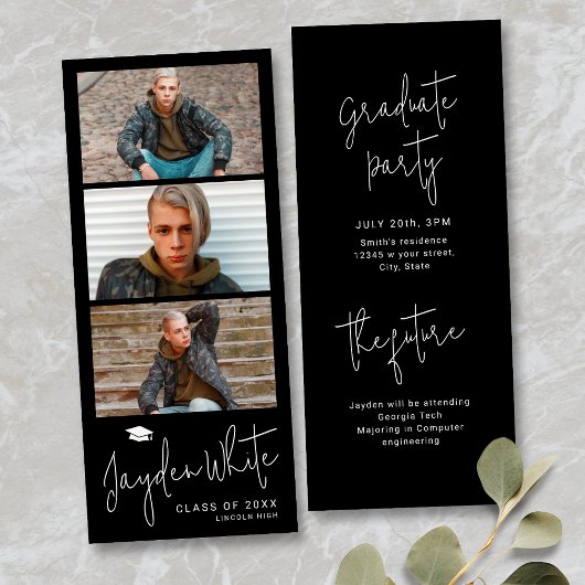 Zwart Eenvoudig Modern Script 3 Foto Afstuderen Kaart