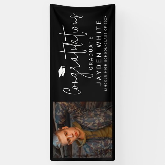 Zwart Eenvoudig Modern Script Foto Graduation Part Spandoek (Verticaal)