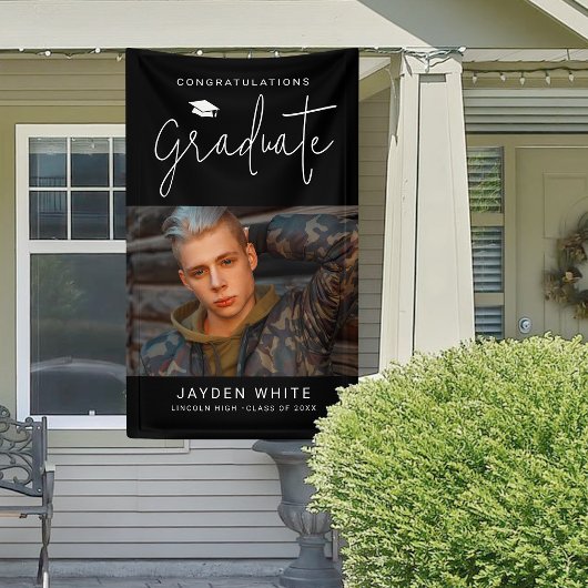 Zwart Eenvoudig Modern Script Foto Graduation Part Spandoek