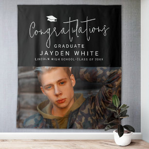 Zwart Eenvoudig Modern Script Foto Graduation Part Wandkleed