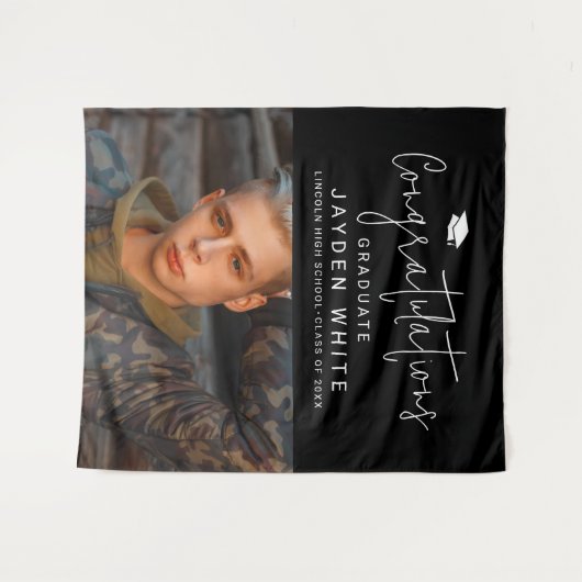 Zwart Eenvoudig Modern Script Foto Graduation Part Wandkleed (Voorkant (horizontaal))