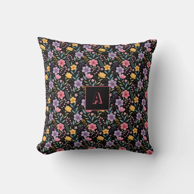 Zwart eenvoudig wilde bloem motief monogram kussen (Voorkant)