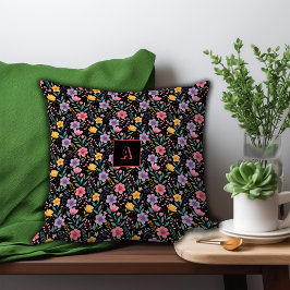 Zwart eenvoudig wilde bloem motief monogram kussen