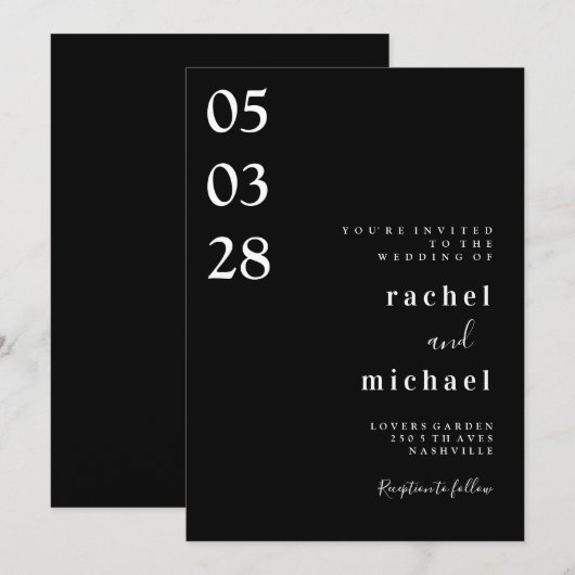 Zwart Eenvoudige elegante uitnodiging (Voorkant / Achterkant)