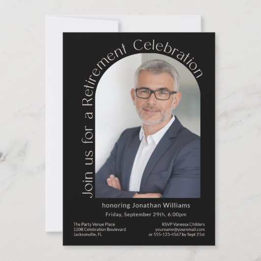 Zwart Eenvoudige Foto Arch Pensionering Party Kaart (Voorkant)