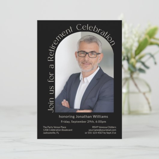 Zwart Eenvoudige Foto Arch Pensionering Party Kaart (Staand voorkant)