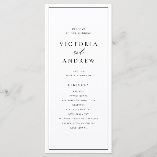 Zwart Eenvoudige Typografie Formele Bruiloft Programmakaart (Voorkant)