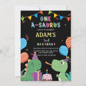 Zwart Eerste 1e Verjaardagsfeest Dinosaurus & Taar Kaart (Voorkant)
