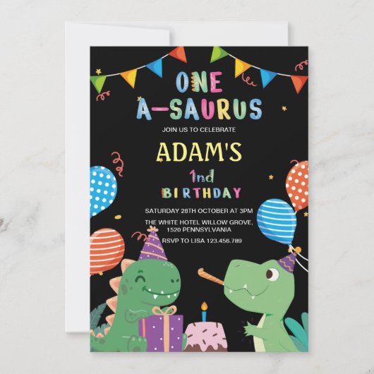 Zwart Eerste 1e Verjaardagsfeest Dinosaurus & Taar Kaart (Voorkant)