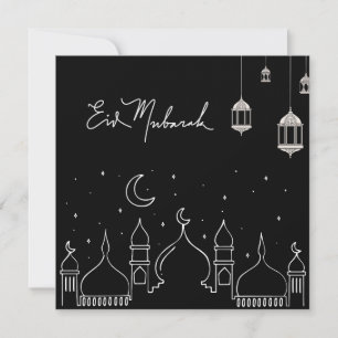 Zwart Eid Mubarak Line Art Moskee Feestdagenkaart