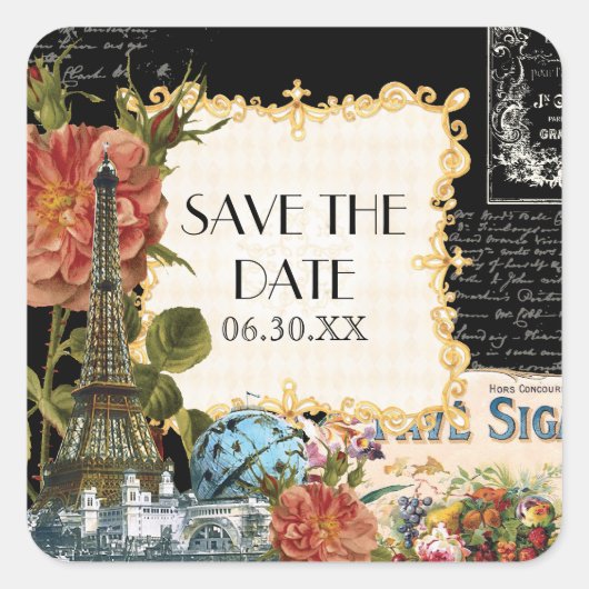 Zwart  Eiffeltoren Roos Save the Date Seal Vierkante Sticker (Voorkant)