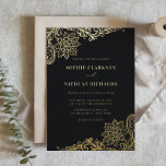 Zwart Elegant Antiek Kant Rustiek Huwelijk Folie Uitnodiging<br><div class="desc">Nodig familie en vrienden uit voor uw bruiloft met deze gouden folie-geperste uitnodiging. Het beschikt over bloemige en gebladerte antiek kant. Deze bloemenkanten huwelijksuitnodiging is ideaal voor bruiloften met een  thema. Personaliseer deze gouden folie huwelijksuitnodiging door namen,  datum,  tijd,  locatie en andere evenementendetails toe te voegen.</div>