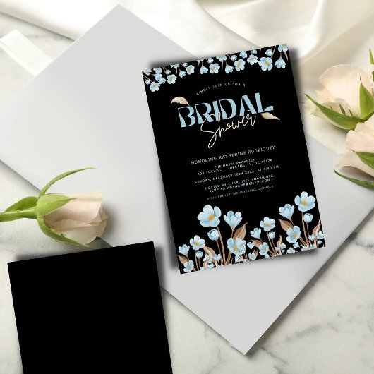 Zwart Elegant Blauw Waterverf Bloemen Vrijgezellen Kaart