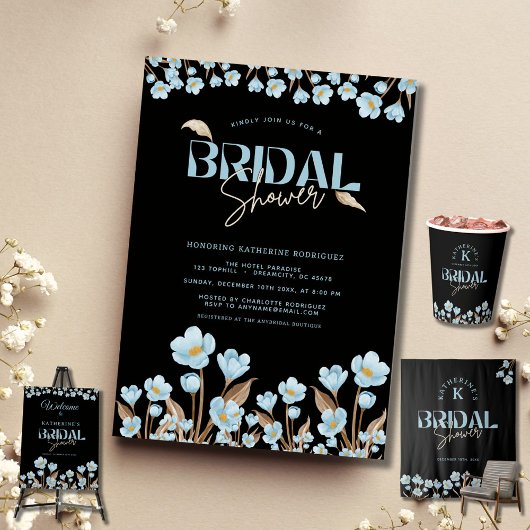 Zwart Elegant Blauw Waterverf Bloemen Vrijgezellen Kaart