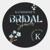 Zwart Elegant Blauw Waterverf Bloemen Vrijgezellen Ronde Sticker (Voorkant)