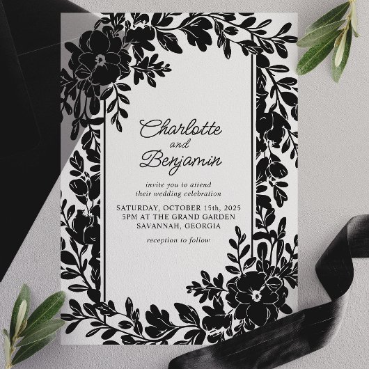 Zwart Elegant Bloemen Border Lijst Wedding Vellum Uitnodigingen