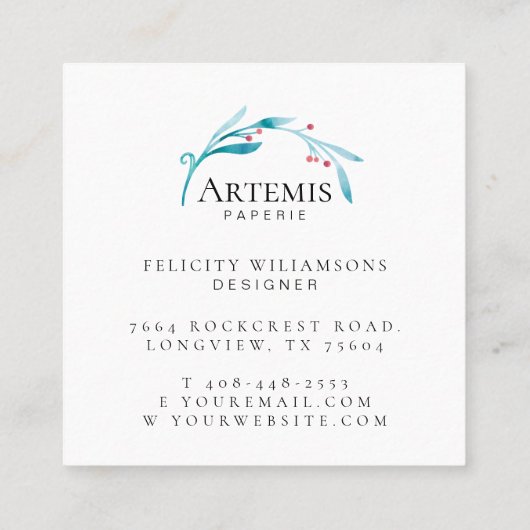 Zwart Elegant Bloemen Waterverf Botanische kuif Vierkante Visitekaartje (Achterkant)