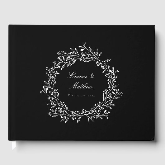 Zwart Elegant Botanisch Paar Logo krans Gastenboek (Voorkant)