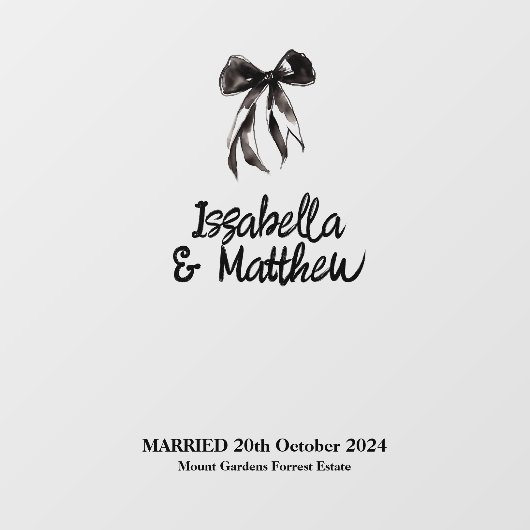 Zwart Elegant Bow Naam Datum Huwelijksceremonie Si Raamsticker (Vel)