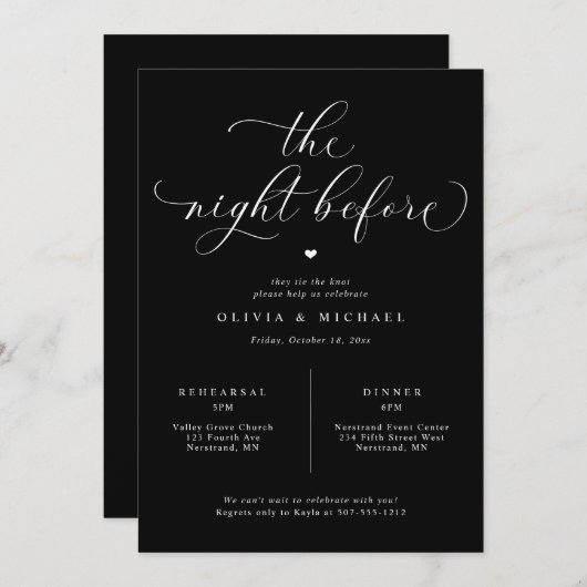 Zwart Elegant bruiloft repetitie diner Kaart (Voorkant / Achterkant)