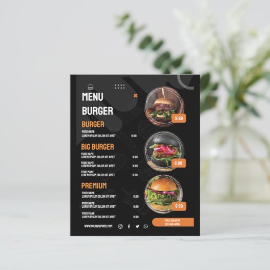 Zwart Elegant Burger Restaurant Menu Uitnodiging (Staand voorkant)