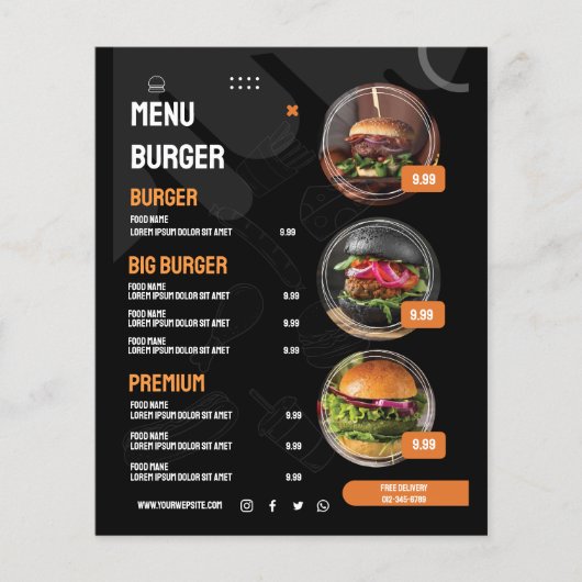 Zwart Elegant Burger Restaurant Menu Uitnodiging (Voorkant)