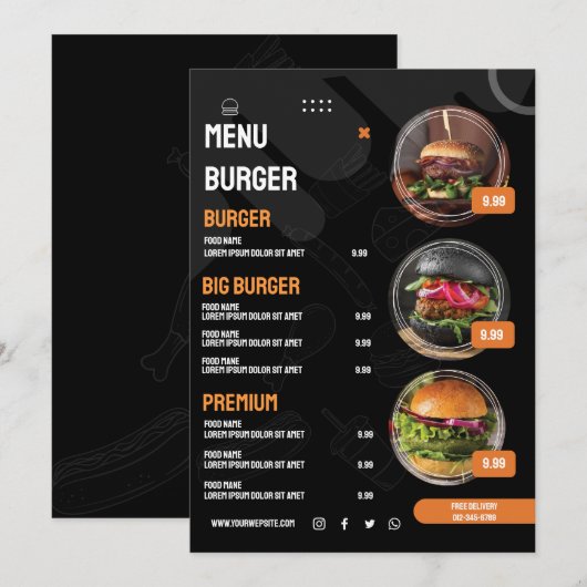 Zwart Elegant Burger Restaurant Menu Uitnodiging (Voorkant / Achterkant)
