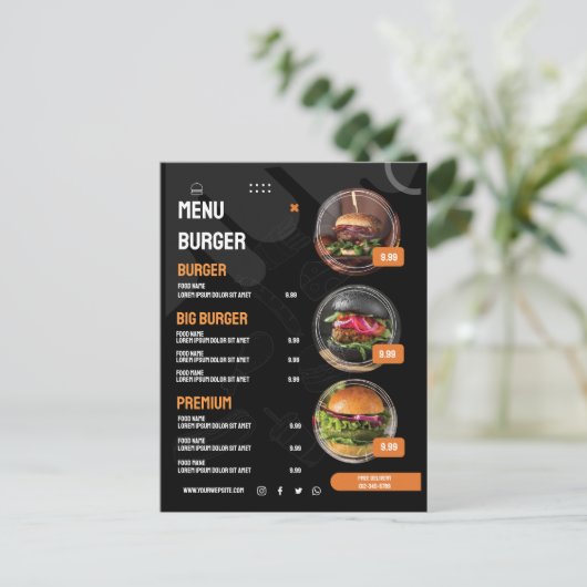 Zwart Elegant Burger Restaurant Menu Uitnodiging (Staand voorkant)