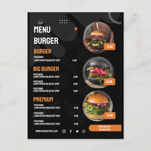Zwart Elegant Burger Restaurant Menu Uitnodiging (Voorkant)