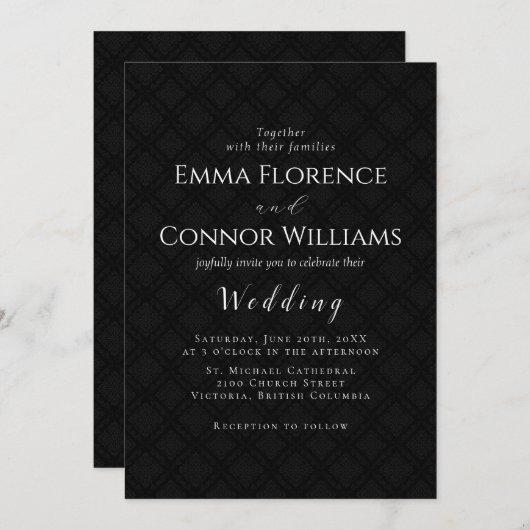 Zwart Elegant Damask bruiloft uitnodiging (Voorkant / Achterkant)