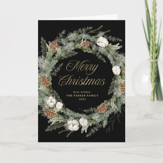 Zwart Elegant dennengroen | Goud Vrolijk Kerstfees Feestdagen Kaart (Voorkant)