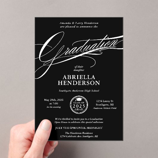 Zwart Elegant en Formeel Script Afstuderen Acryl Uitnodigingen (Insitu (Draagbaar))