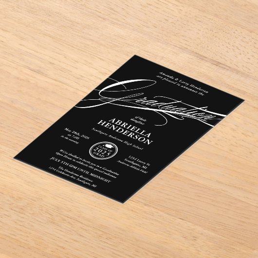 Zwart Elegant en Formeel Script Afstuderen Acryl Uitnodigingen (Laagn)