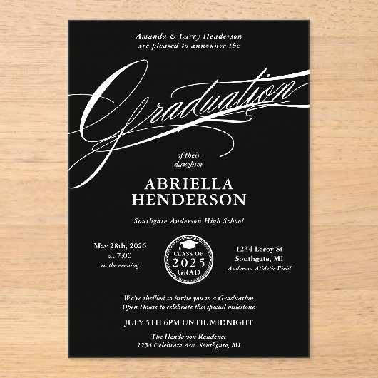 Zwart Elegant en Formeel Script Afstuderen Acryl Uitnodigingen (Voorkant)