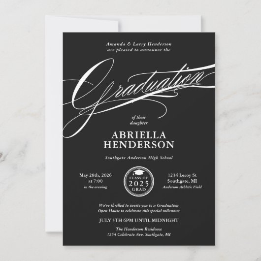 Zwart Elegant en Formeel Script Afstuderen Kaart (Voorkant)