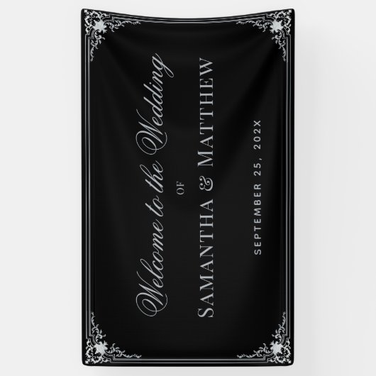 Zwart Elegant  Faux Silver Bruiloft Welkom Spandoek (Verticaal)