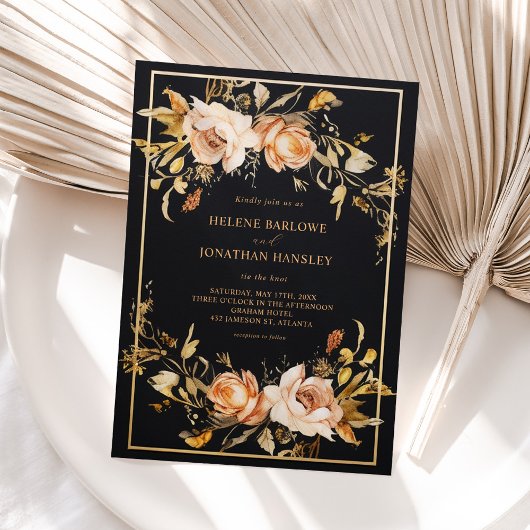 Zwart Elegant Floral Modern Bruiloft Kaart