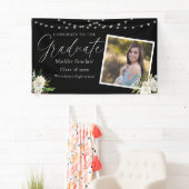 Zwart Elegant Foto Bloemen Afstuderen Spandoek (Insitu)