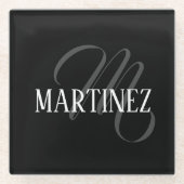 Zwart Elegant gepersonaliseerde achternaam | Naam Glazen Onderzetter (Voorkant)